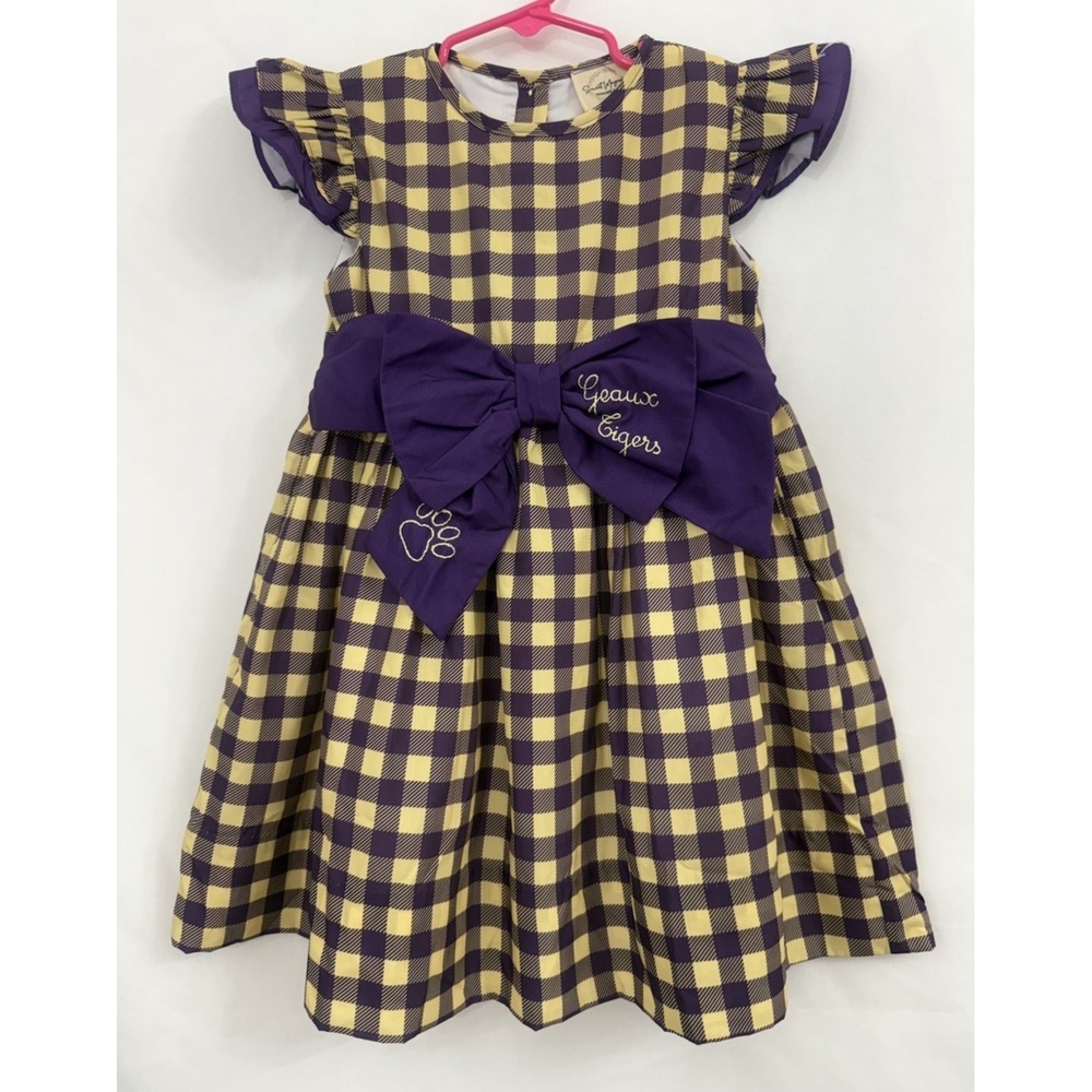 NWT Sweet Magnolia Smocked Co Purple Gold Check LSU Dress Toddler Girls Size 5